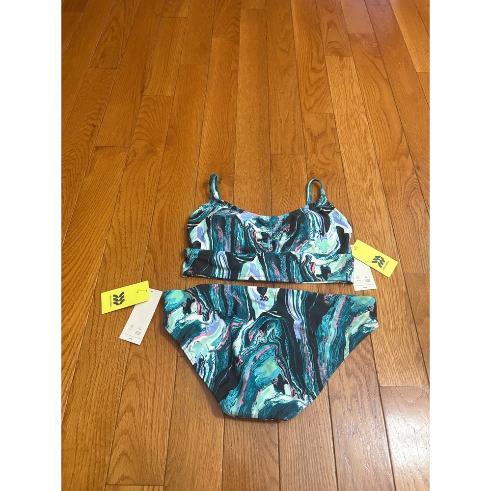 All in Motion Women Teal Marble Swirl Bikini Set UPF 50+ Small 4-6 NWT $45